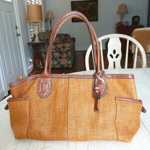 Vintage Fossil Key Handbag Woven Tan Brown Leather Trim HandBag Purse
